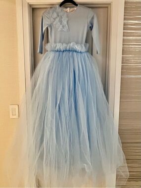 Light Blue Tulle Formal Dress for Girls with Long Sleeves
